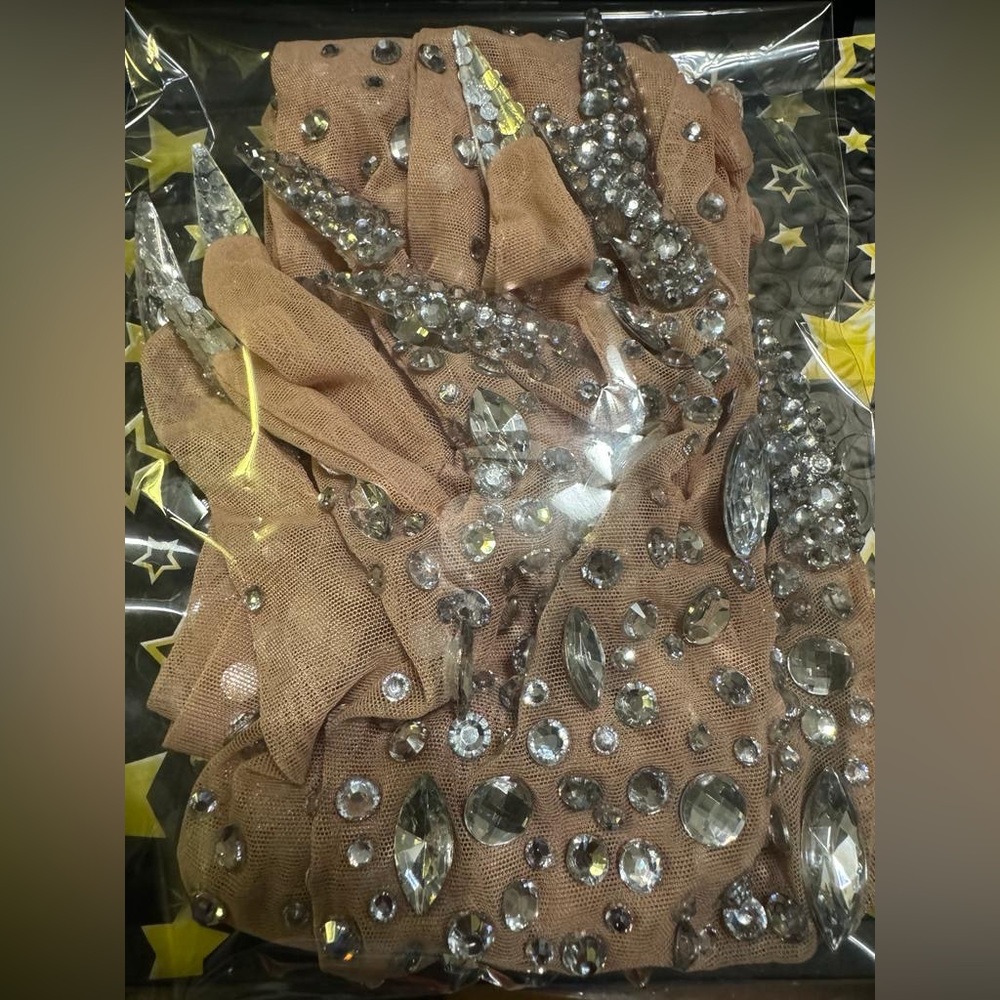 Rhinestones Spandex Elbow Length Gloves Crystals Embellished Long Mittens